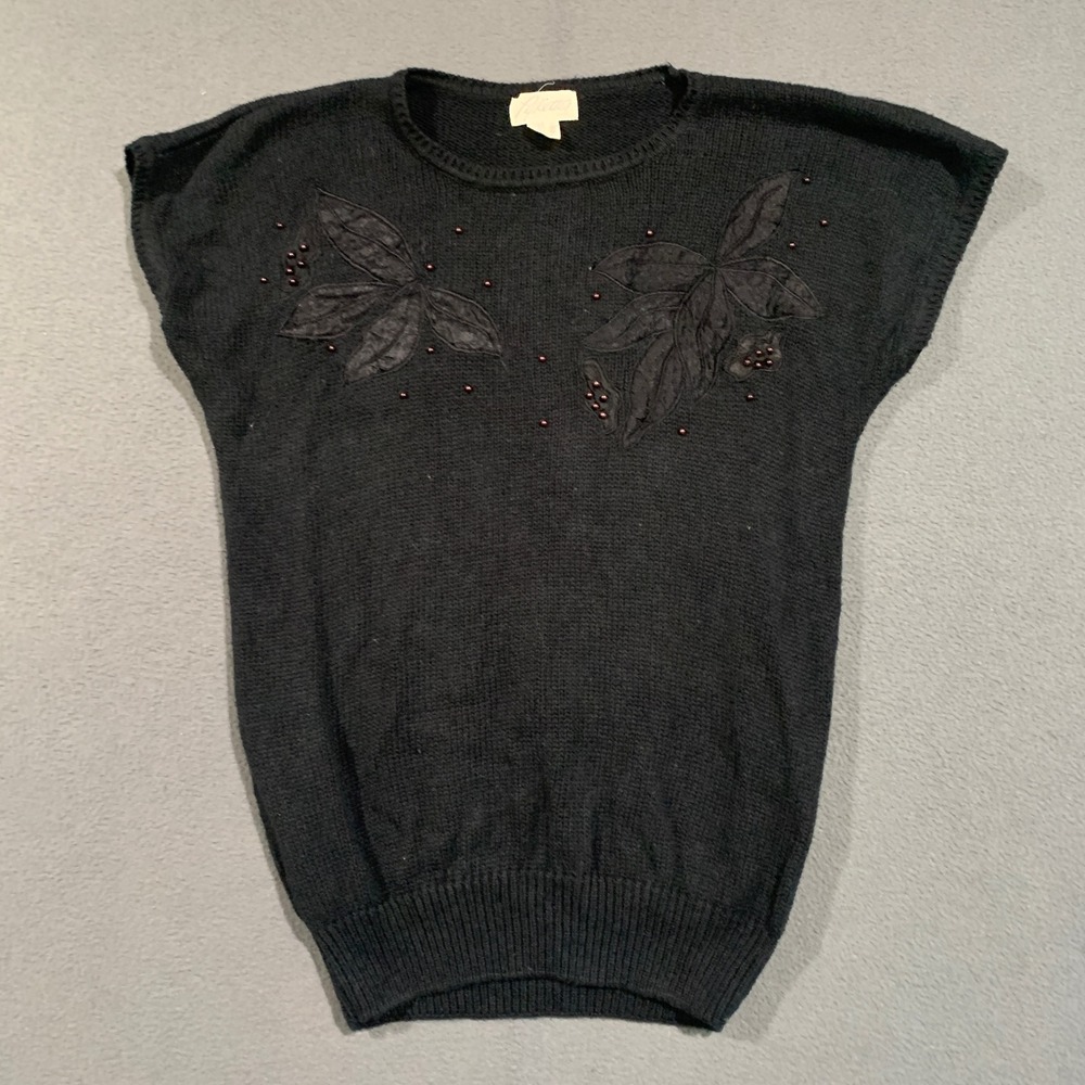 Pykettes Sweater Vest Women Medium Black Beaded Floral Applique Vintage 80s 90s